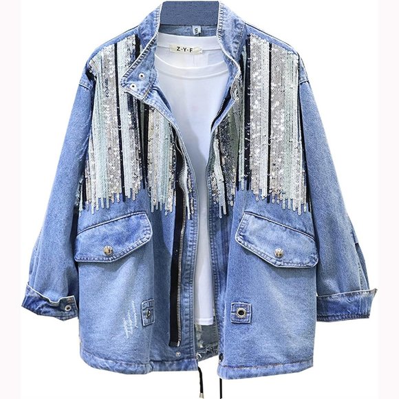 ๐ฅVTG 70s HIPPIE STYLE๐ฅ Distressed Sequinned Denim Anorak Jacket - Picture 3 of 16